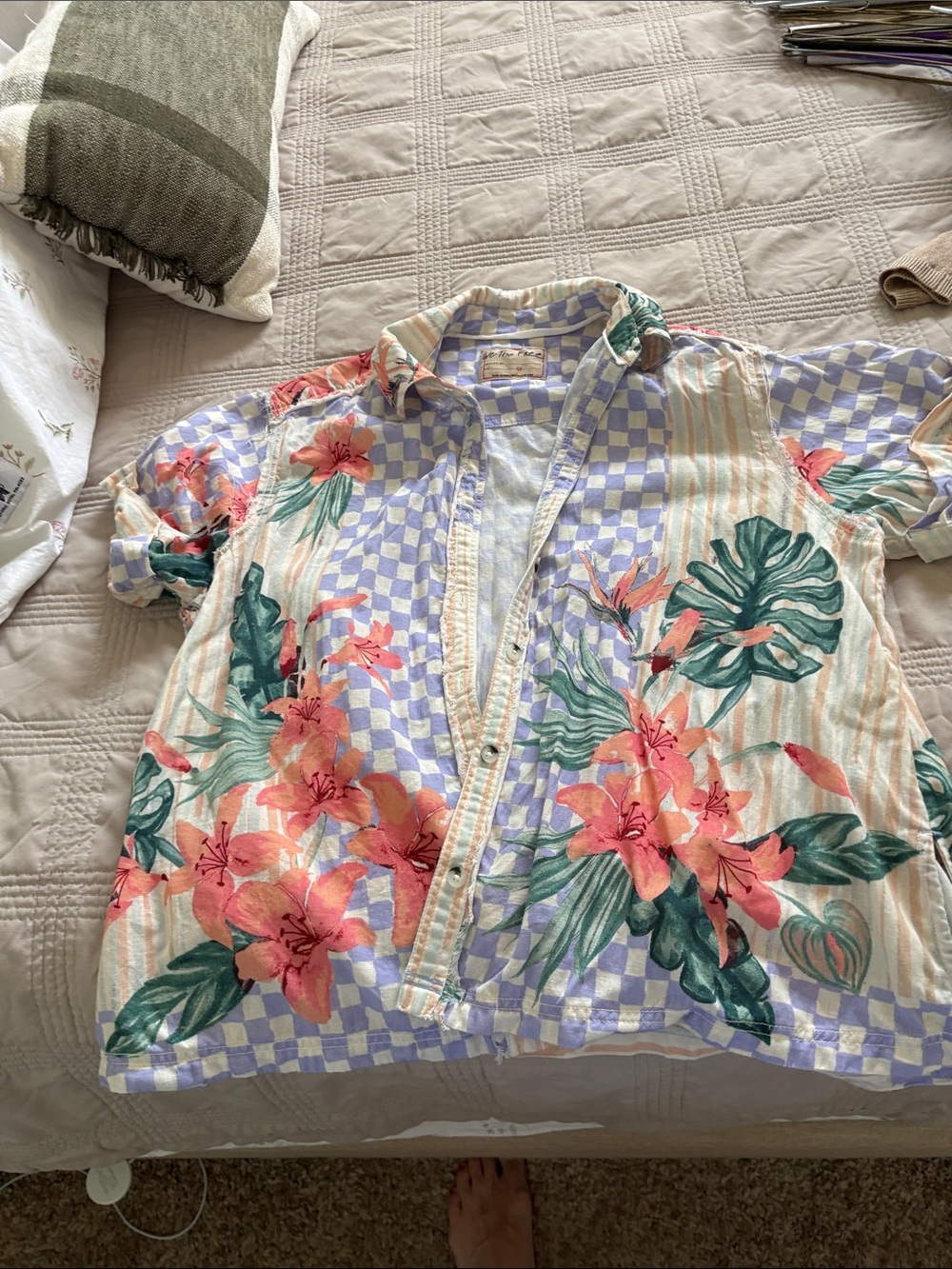 We The Free Floral & Checkered Button-Down Shirt in Coral, Lavender & Cream